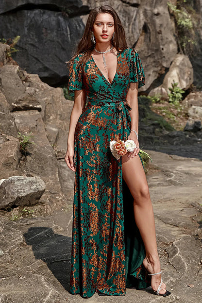 Pine A Line V Neck Burnout Velvet Long Prom Dress with Short Sleeves