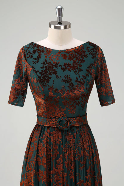 Dark Green Floral Velvet Mother of Bride Dress With Belt