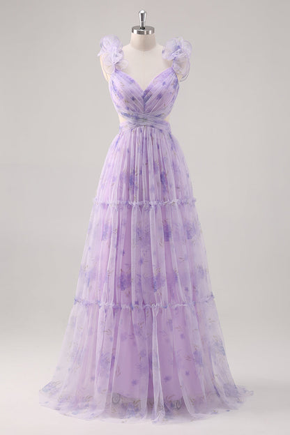 Lavender Floral A Line Pleated Tulle Long Bridesmaid Dress