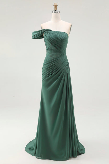 One Shoulder Mermaid Pleated Dark Green Long Formal Dress
