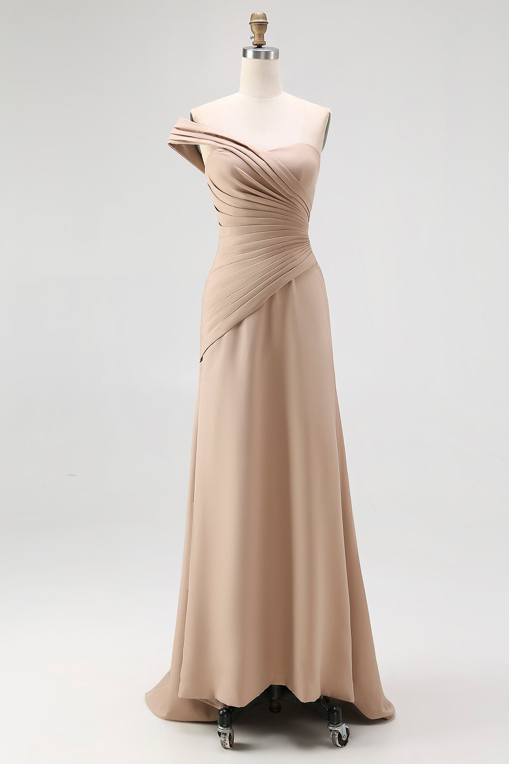 One Shoulder Light Khaki Jersey Sheath Pleated Gala Dress