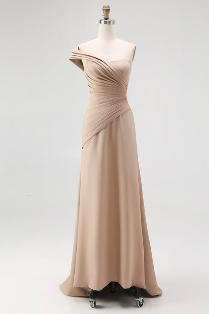One Shoulder Light Khaki Jersey Sheath Pleated Gala Dress