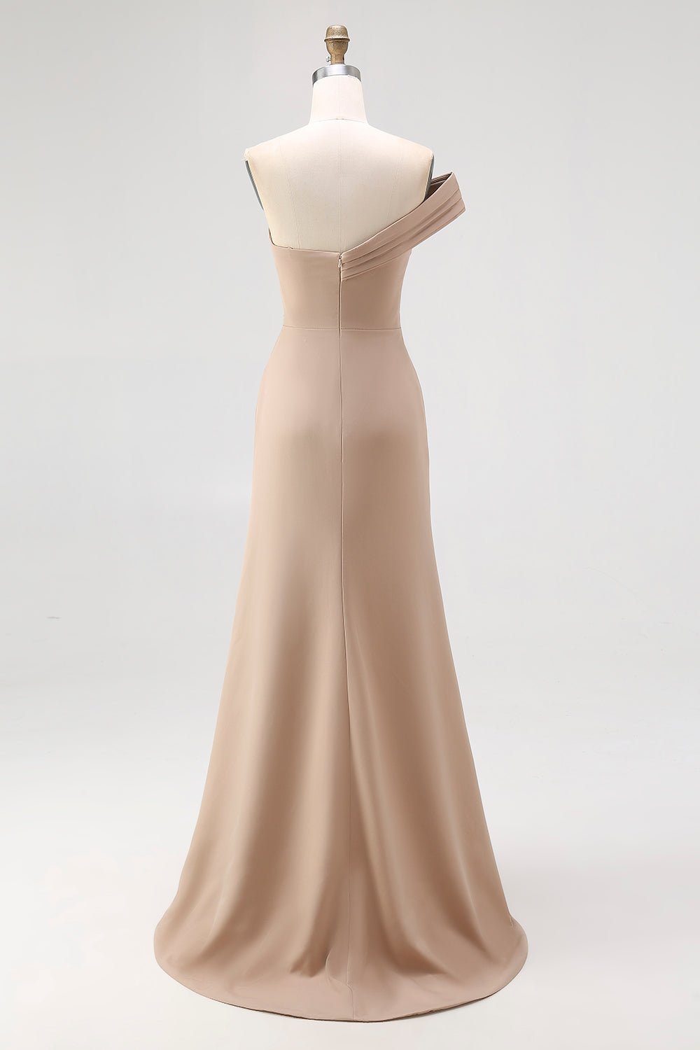 One Shoulder Light Khaki Jersey Sheath Pleated Gala Dress
