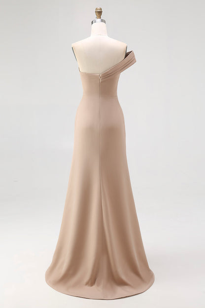 One Shoulder Light Khaki Jersey Sheath Pleated Gala Dress