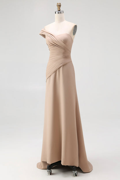 One Shoulder Light Khaki Jersey Sheath Pleated Gala Dress
