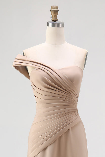 One Shoulder Light Khaki Jersey Sheath Pleated Gala Dress