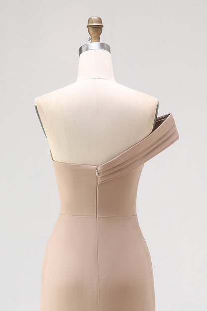 One Shoulder Light Khaki Jersey Sheath Pleated Gala Dress