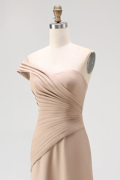 One Shoulder Light Khaki Jersey Sheath Pleated Gala Dress