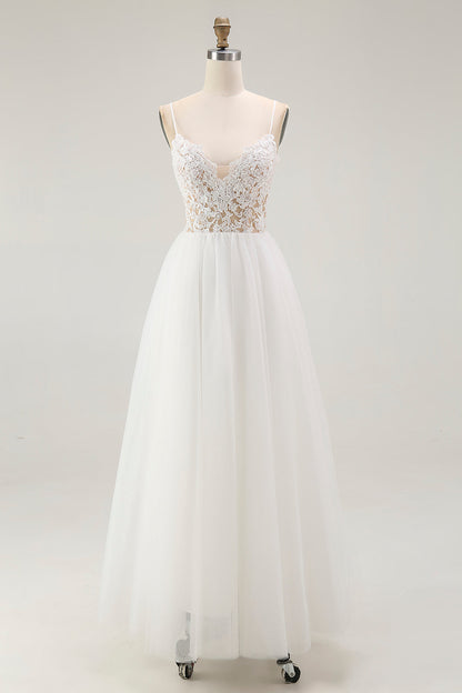 White A Line Spaghetti Straps Engagement Dress With Lace