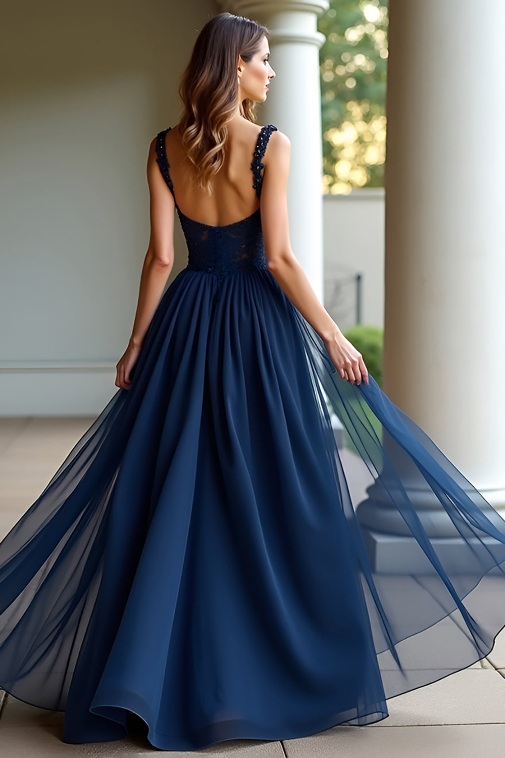 Navy A Line Spaghetti Straps Lace Long Prom Dress with Beading