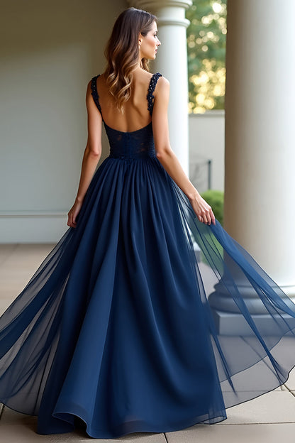 Navy A Line Spaghetti Straps Lace Long Prom Dress with Beading