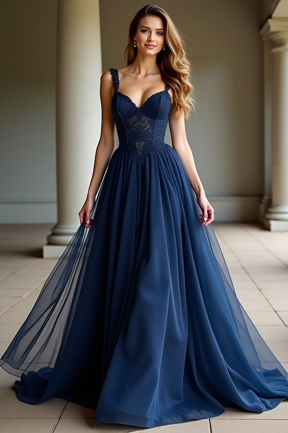 Navy A Line Spaghetti Straps Lace Long Prom Dress with Beading