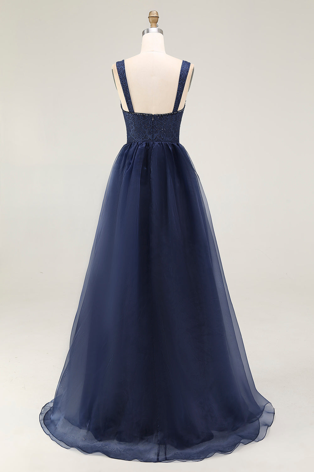 Navy A Line Spaghetti Straps Lace Long Prom Dress with Beading