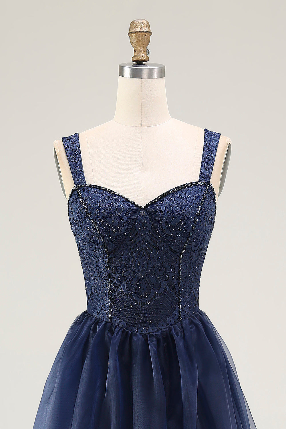 Navy A Line Spaghetti Straps Lace Long Prom Dress with Beading