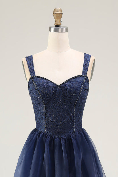 Navy A Line Spaghetti Straps Lace Long Prom Dress with Beading