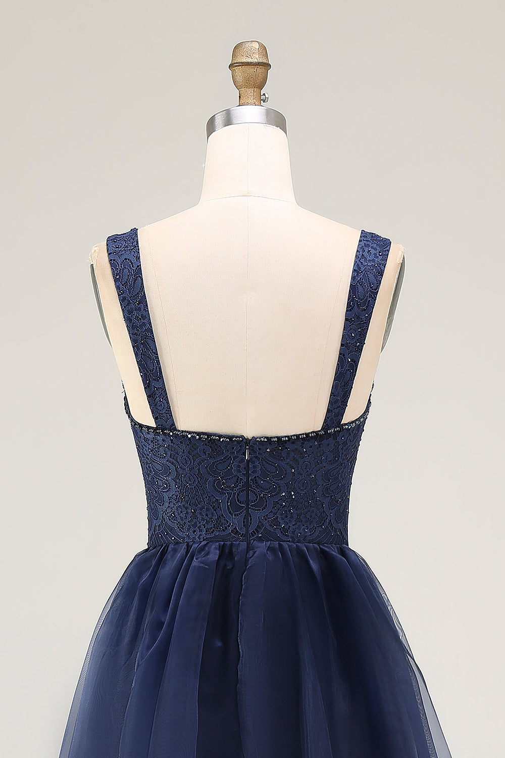 Navy A Line Spaghetti Straps Lace Long Prom Dress with Beading