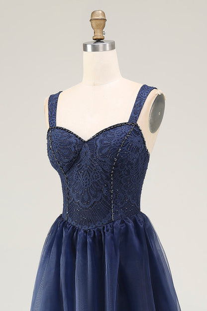 Navy A Line Spaghetti Straps Lace Long Prom Dress with Beading