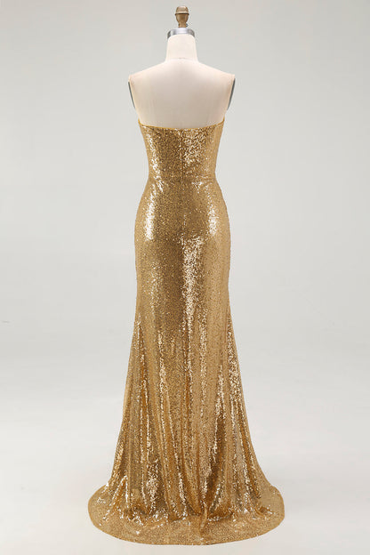 Sparkly Strapless Mermaid Gold Formal Dress With Slit