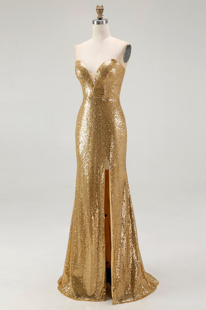 Sparkly Strapless Mermaid Gold Formal Dress With Slit