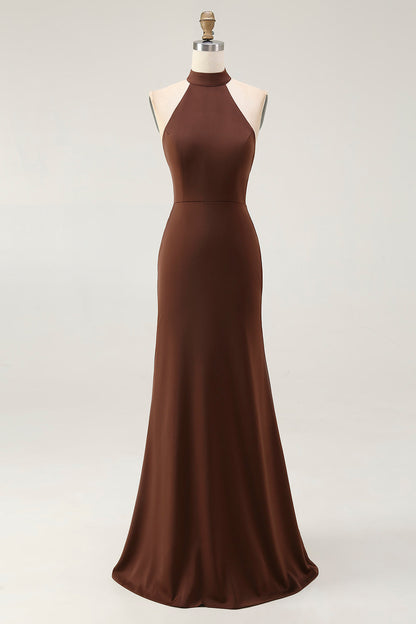 Mermaid Halter Coffee Open Back Long Formal Dress