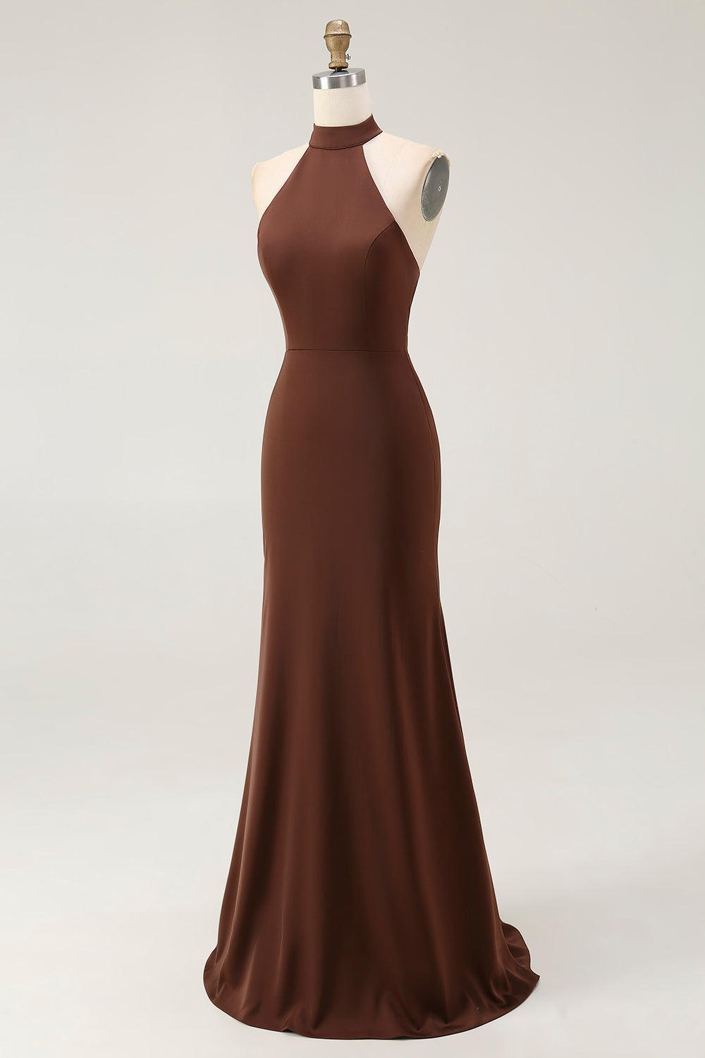 Coffee Mermaid Halter Neck Long Formal Dress