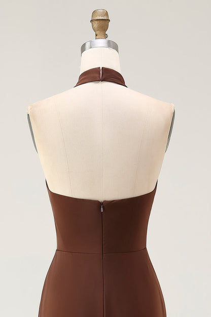 Mermaid Halter Coffee Open Back Long Formal Dress