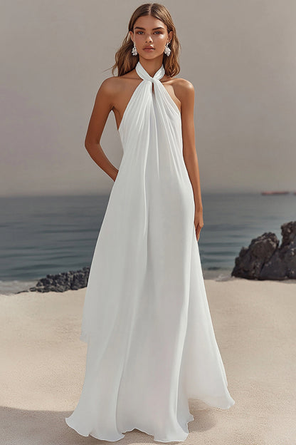Sheath Halter Chiffon White Long Boho Beach Dress