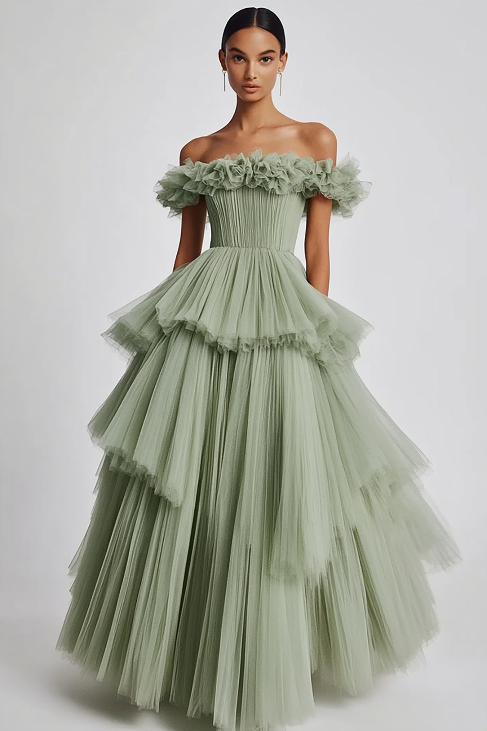 Dusty Sage Off The Shoulder A Line Ruffle Long Prom Dress
