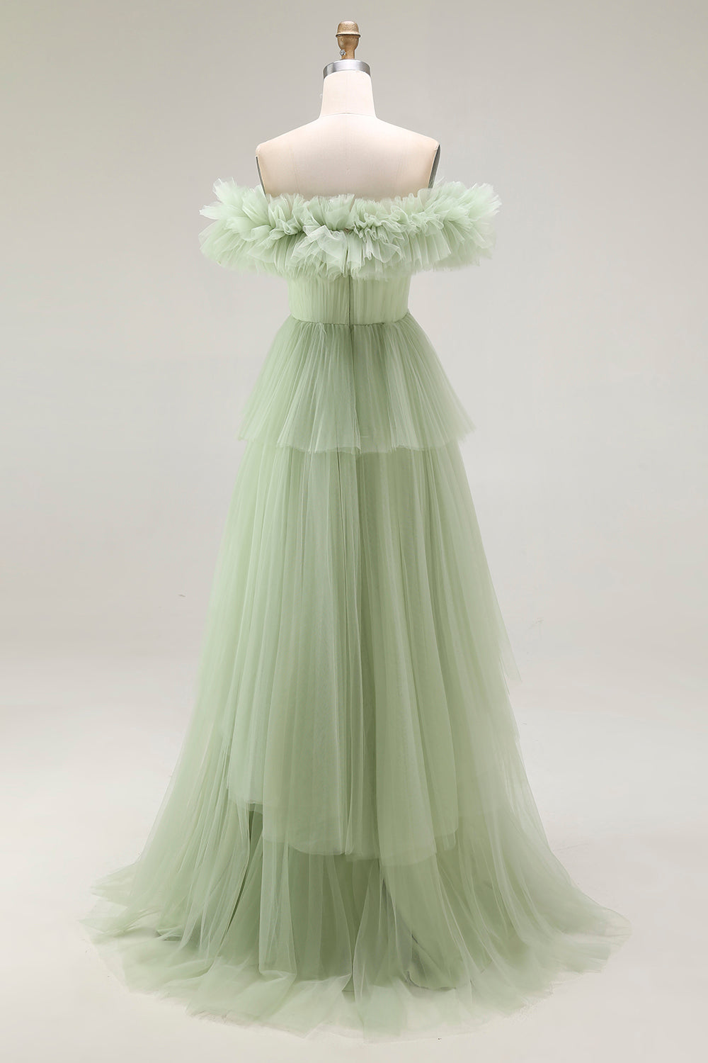 Dusty Sage Off The Shoulder A Line Ruffle Long Prom Dress
