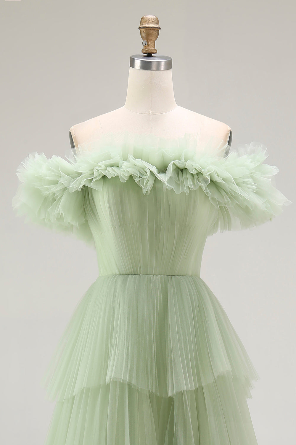 Dusty Sage Off The Shoulder A Line Ruffle Long Prom Dress