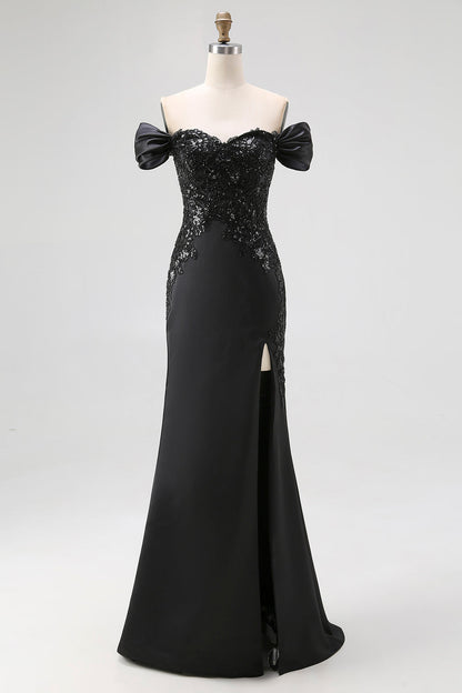 Off The Shoulder Sequins Satin Mermaid Black Gala Dress with Slit