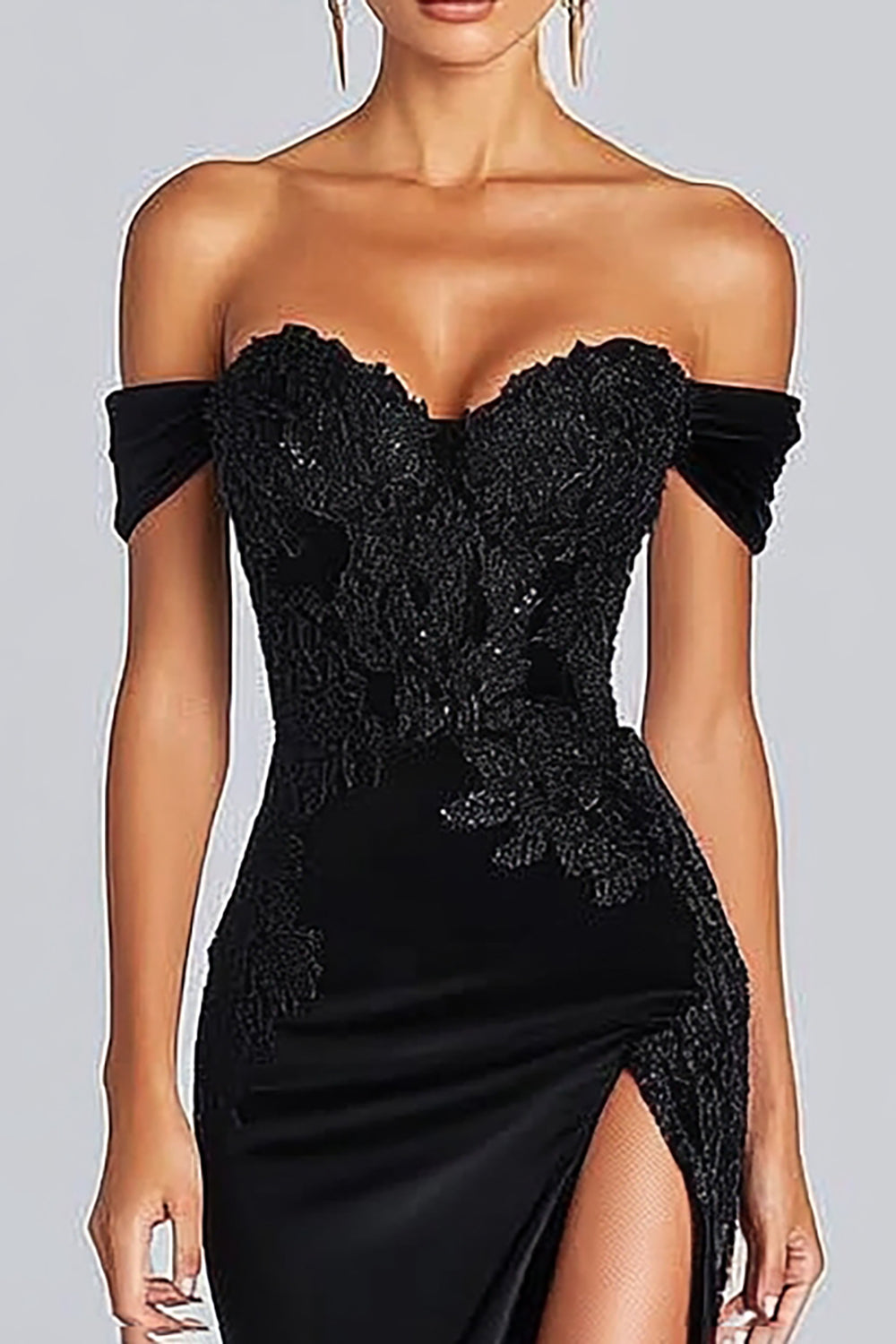 Off The Shoulder Sequins Satin Mermaid Black Gala Dress with Slit