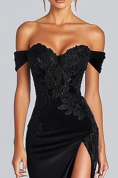 Off The Shoulder Sequins Satin Mermaid Black Gala Dress with Slit