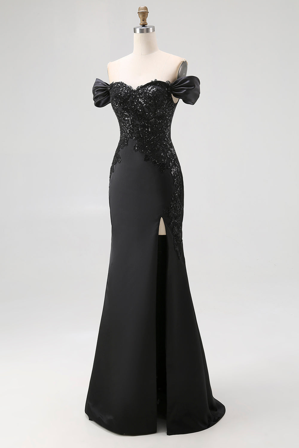 Off The Shoulder Sequins Satin Mermaid Black Gala Dress with Slit