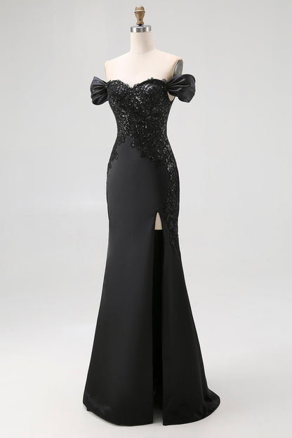 Off The Shoulder Sequins Satin Mermaid Black Gala Dress with Slit