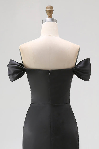 Off The Shoulder Sequins Satin Mermaid Black Gala Dress with Slit