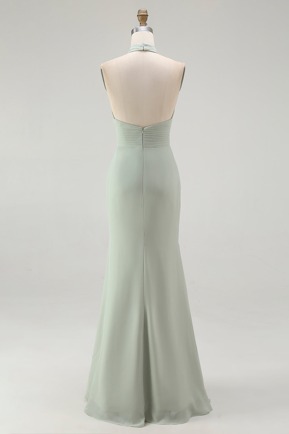 Dusty Sage Halter Mermaid Chiffon Bridesmaid Dress With Ruffles