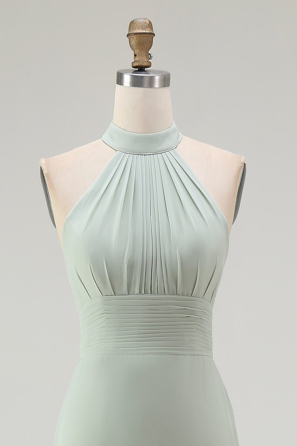 Dusty Sage Halter Mermaid Chiffon Bridesmaid Dress With Ruffles