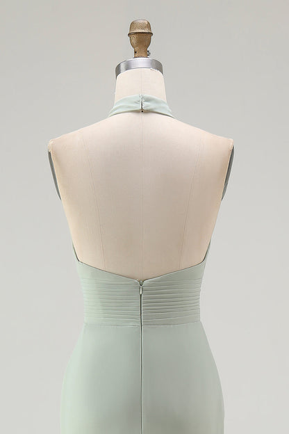 Dusty Sage Halter Mermaid Chiffon Bridesmaid Dress With Ruffles