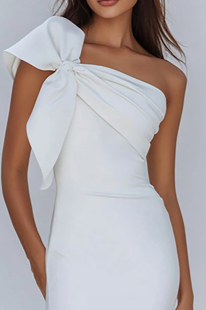 One Shoulder Bow Bodycon White Graduation Dress