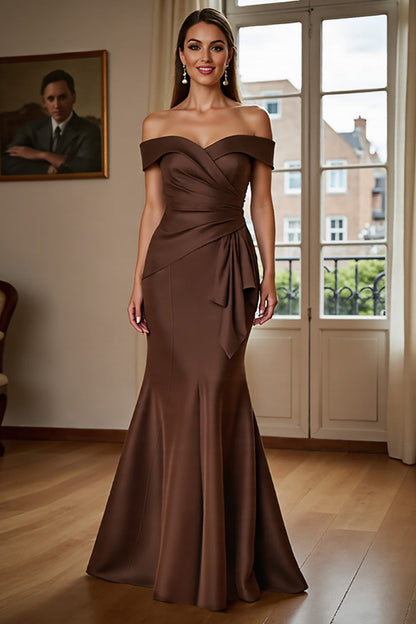 Off The Shoulder Mermaid Satin Brown Formal Dress With Draped Bow