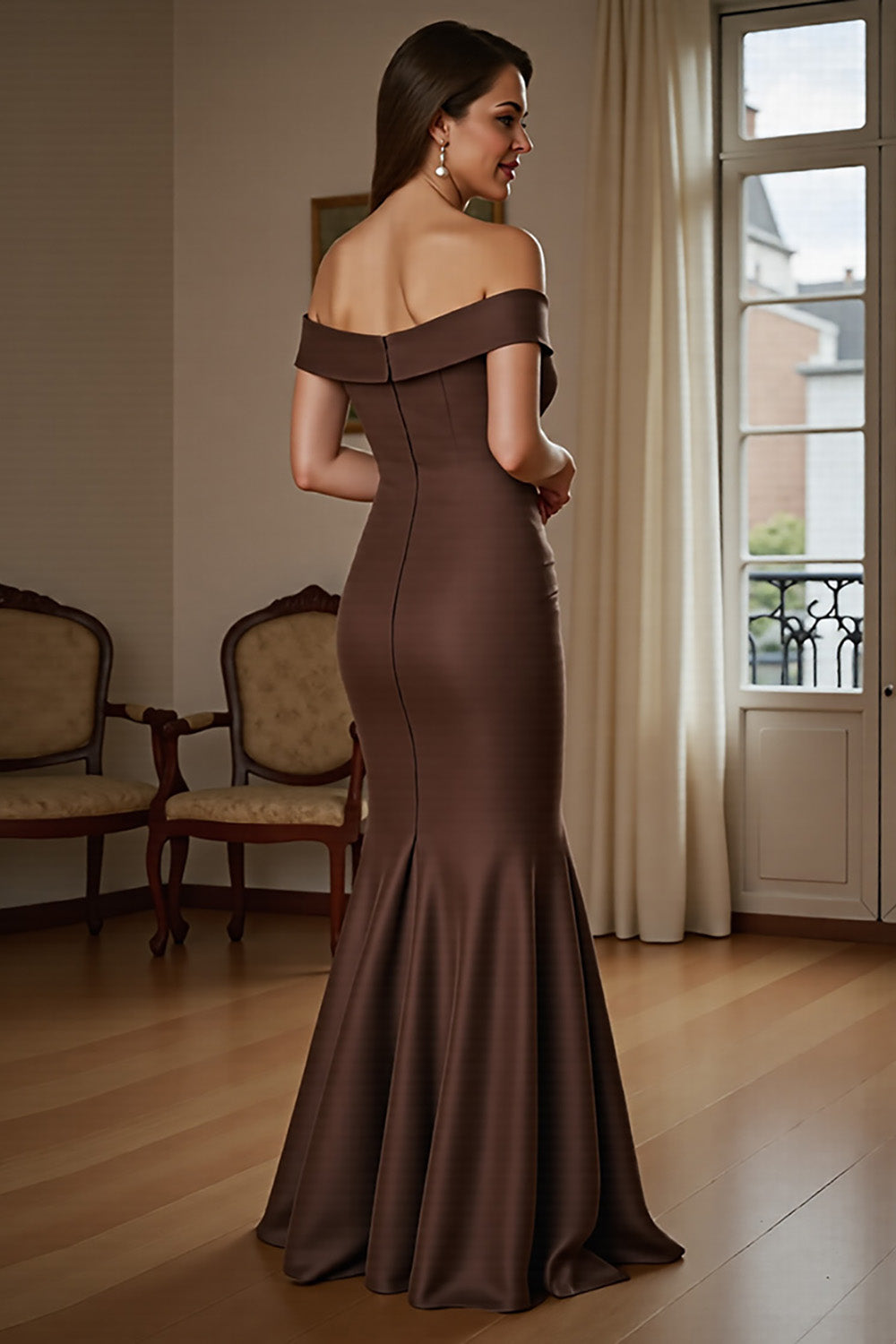 Off The Shoulder Mermaid Satin Brown Formal Dress With Draped Bow