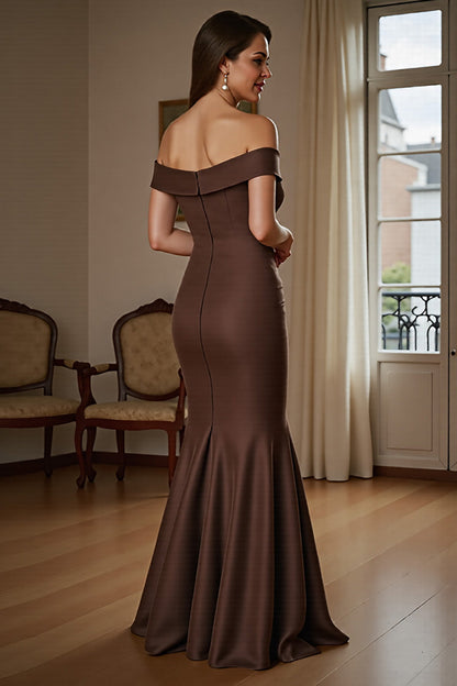 Off The Shoulder Mermaid Satin Brown Formal Dress With Draped Bow