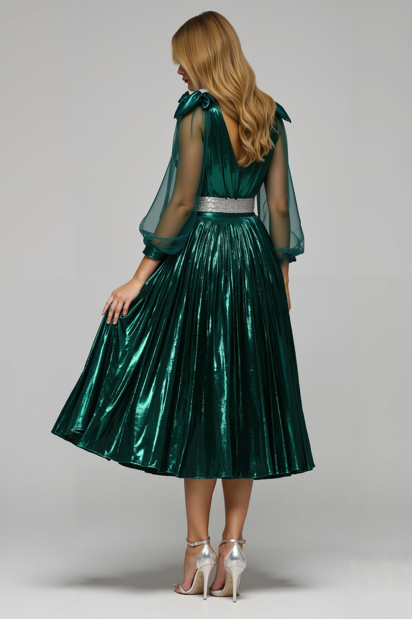 Sparkly Dark Green A Line Metallic V-Neck Holiday Party Dress With Slit