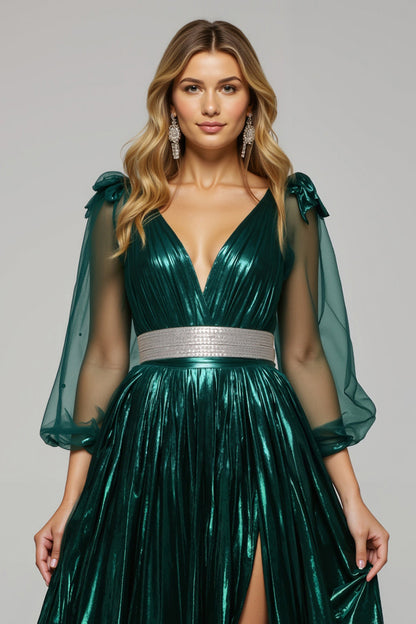 Sparkly Dark Green A Line Metallic V-Neck Holiday Party Dress With Slit