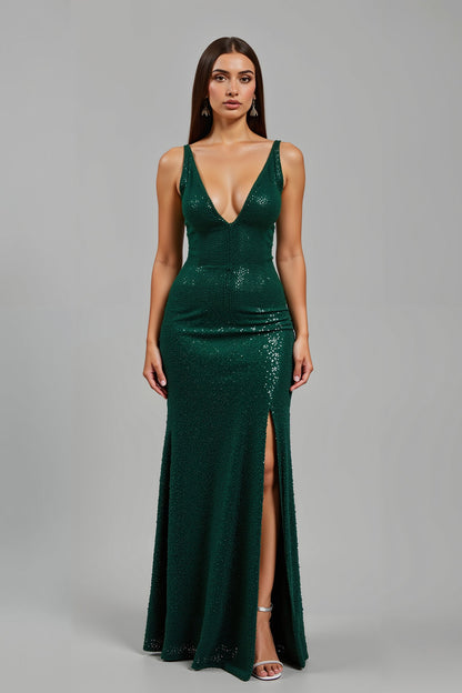 Sparkly Dark Green Mermaid V-Neck Long Holiday Party Dress With Slit