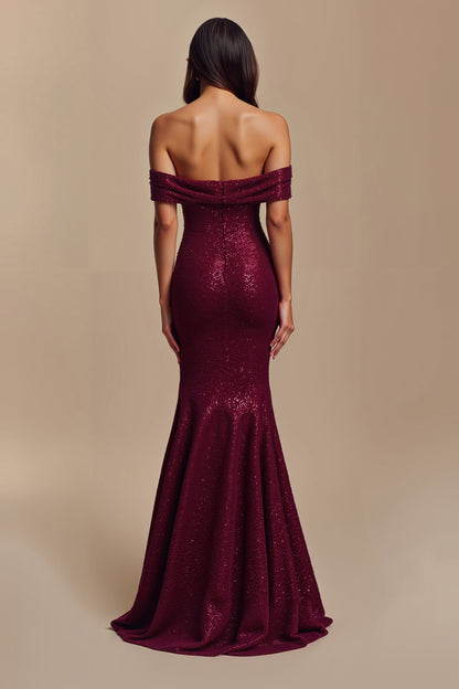 Sparkly Burgundy Mermaid Floral Long Holiday Party Dress