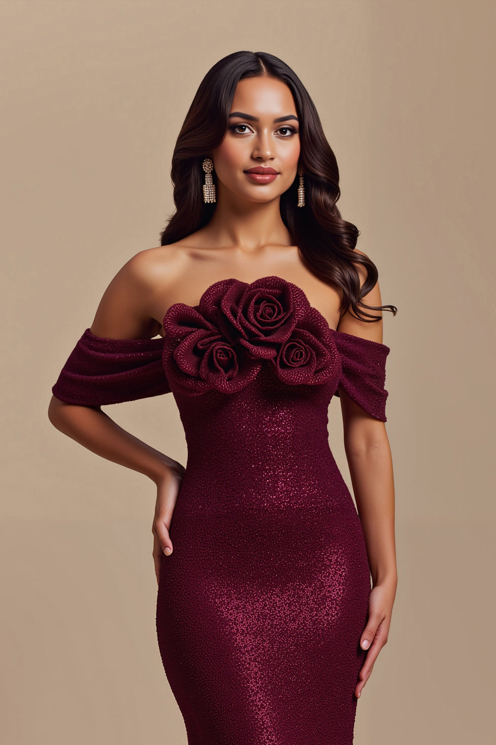 Sparkly Burgundy Mermaid Floral Long Holiday Party Dress