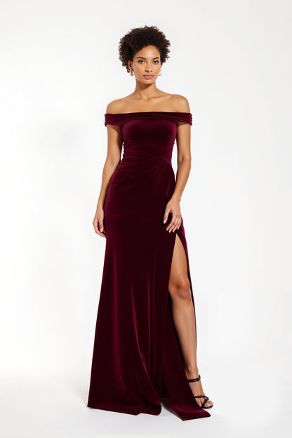 Burgundy Velvet Sheath Off The Shoulder Long Holiday Party Dress With Slit