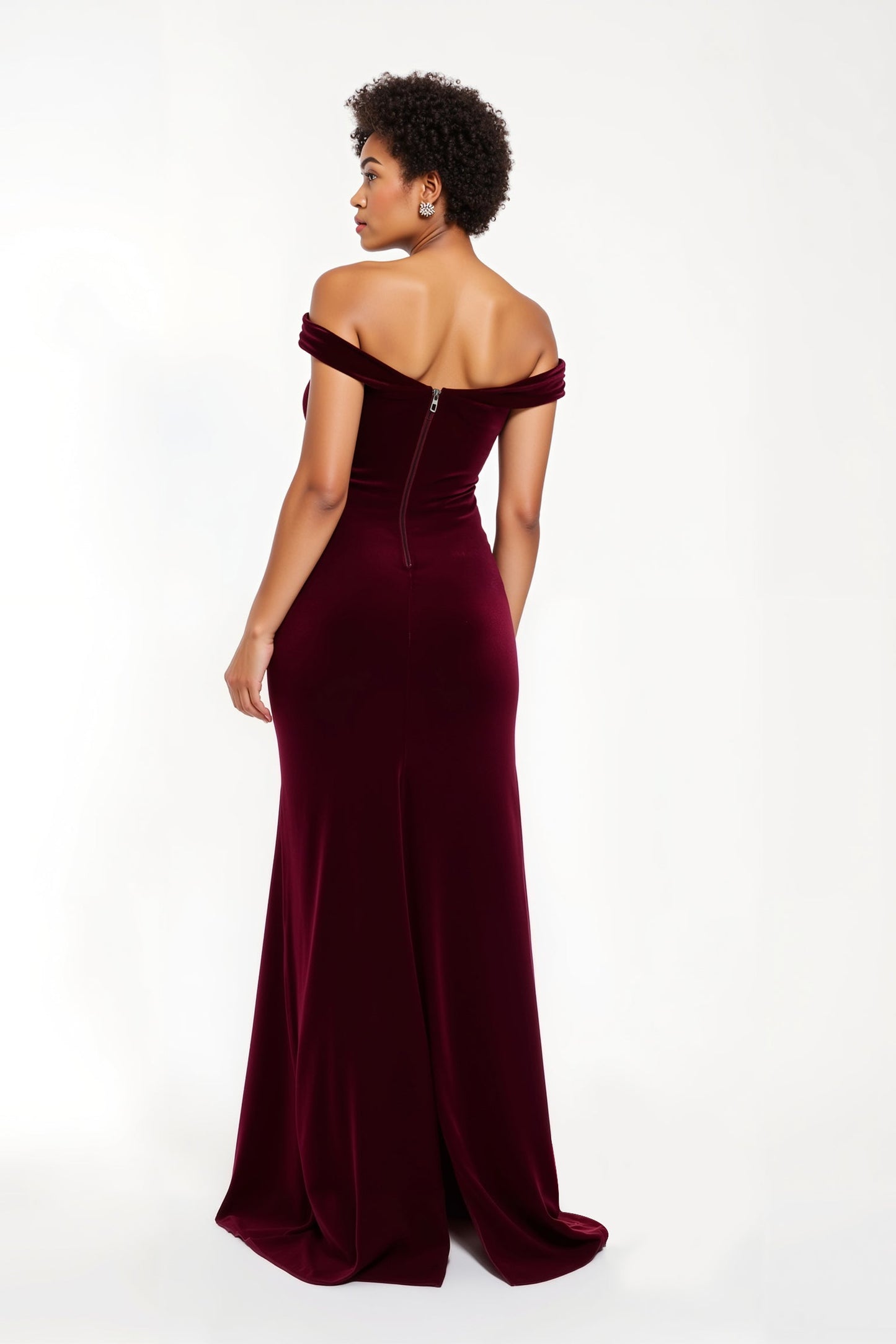 Burgundy Velvet Sheath Off The Shoulder Long Holiday Party Dress With Slit